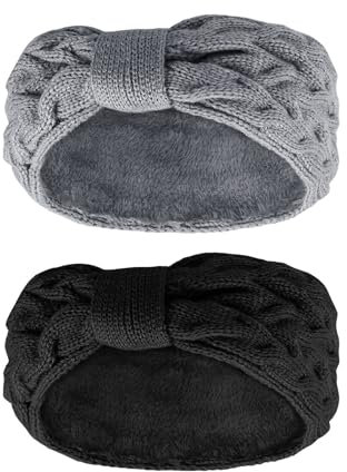 2 Stück Stirnband Damen Winter, Stirnbänder Mädchen Gefüttert Fleece Haarband, Elastische Kopfband Gestrickte Headband Frauen Haarreifen Strick Headwrap,für Herbst und Winter (Schwarz + Grau)