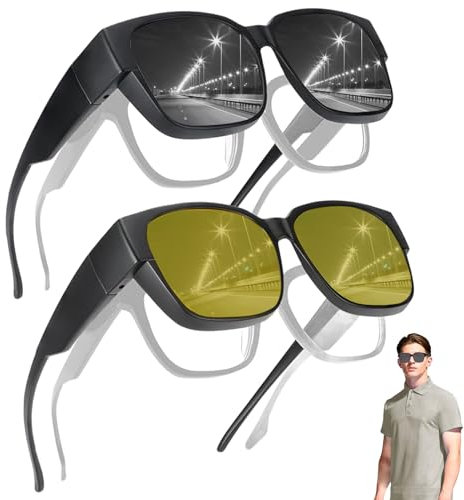 2 Stück Überzieh Sonnenbrille, Sonnenbrille Über Normale Brille, Polarisiert UV400 Überziehbrille, Nachtsichtbrille für Autofahrer, Clip on Sonnenbrille, Aufsatz für Brillenträger für Herren Damen