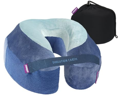 Cabeau Best Neck Pillow for Travel – Evolution Earth Deluxe – 360° Head, Neck and Chin Support for Sleeping – Sustainable Memory Foam - Removable, Washable Cover with Compact Carrying Case (Water)