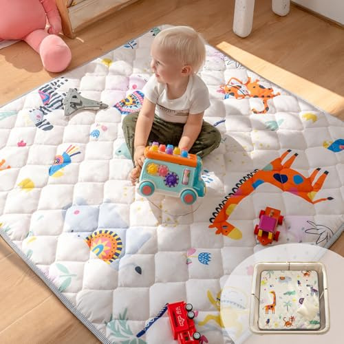 Sinhaklóho Tappeto Gioco Bambini Extra Spesso e Pieghevole, Antiscivolo, Lavabile in Lavatrice, 127×127 cm, Senza Odore, Ideale per Pavimenti e Box Neonato, Safari Selvaggio