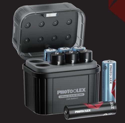 PHOTOOLEX Pilas Recargables AA con Cargador híbrido, 4 Batteries AA Litio 3000mWh 1,5V y 4 Pila NiMH 2700mAh 1,2V, Cargador con función de Almacenamiento de Carga para Pilas NiMH y de Litio