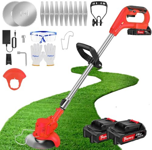Rasentrimmer Mit Akku Leichter Freischneider Akku Rasentrimmer mit 2 Batterien Elektrischer Rasentrimmer Teleskop-stiel Elektro Trimmer Gartenkantenfräser Metall Schneidklingen für Garten Motorsense