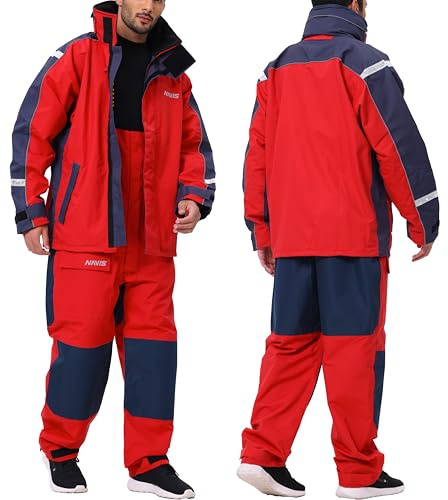Navis Marine Men's Coastal Sailing Jacket & Bib Trousers Combo-Waterproof, Breathable Offshore Hard Shell, Durable Gear NS147(Red,XL)