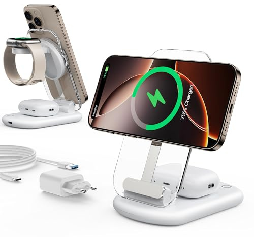 Mag Safe Ladegerät, Ladestation Apple Watch und iPhone, 3 in 1 Mag Safe Ladestation Kompatibel mit iPhone 17e 17 16 15 14 13 12 Pro Max/Air/Plus/Pro, für Apple Watch 10/9,Airpods 3/2/Pro,faltbar