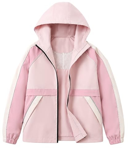 Rolanko Chaqueta Impermeable con Capucha para Niñas, Chaqueta Cortavientos Ligera con Cremallera para Niños, RosaCoral, Talla: 140/9-10 Años