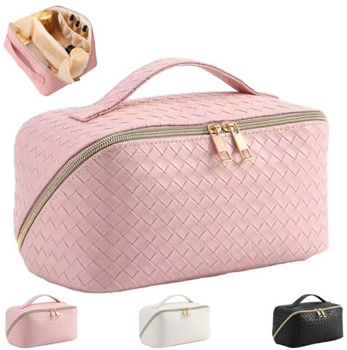 HUANYO Large Capacity Makeup Bag for Women, PU Leather Waterproof Travel Cosmetic Organizer with Handle & Divider, Portable Flat Lay Toiletry Bag (Pink)