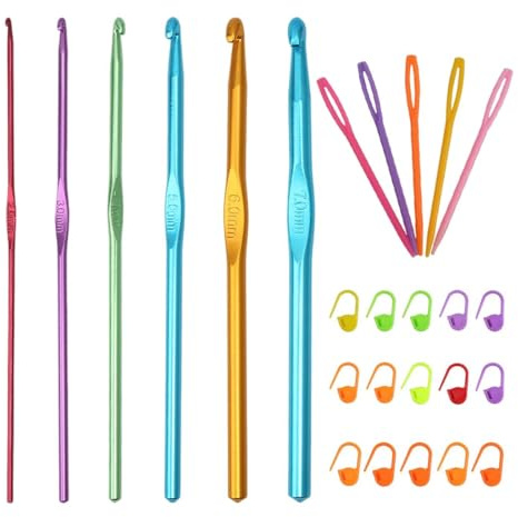 LQUYTA 6 Piezas Crochet Ganchillo Multicolor Aluminio Ganchillos Manejo Fácil 2/3/4/5/6/7mm Ganchillos con Varios Accesorios de Tejer Adecuado para Principiantes o Profesionales(Multicolor)