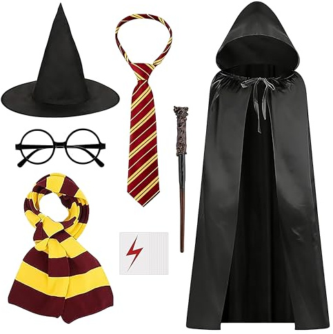 DABAOOU 7pcs Wizard Cape Costume Accessories Set, Halloween World Book Day Fancy Dress Adults, Black Hooded Cape, Scarf, Magic Wand, Glasses, Tie, Hat and Tattoo Stickers, Themed Party Cosplay Outfit