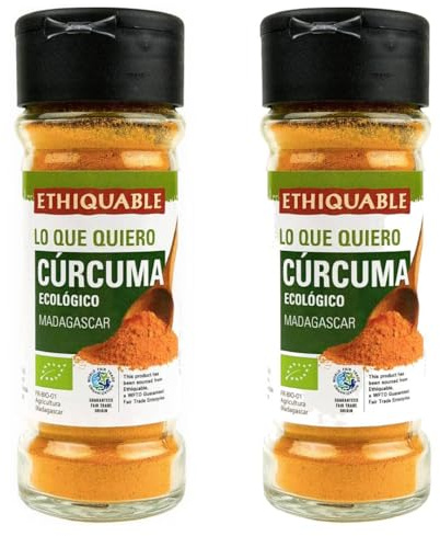 Pack 2 Cúrcuma en Polvo Ehtiquable Bio 40 g, especia ecológica y de comercio justo, sabor cálido y aromático, ideal para currys, arroces, guisos, sopas y cocina diaria, 80 g totales.
