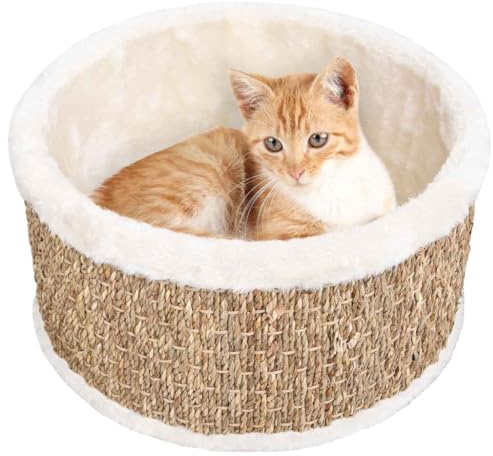 Mhdvray Cuccia rotonda per gatti, 36 cm, con superficie tiragraffi in erba marina e peluche ultra morbido, comodo posto per dormire, accessorio stabile per gatti, beige