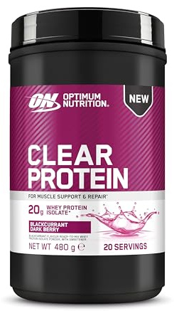 Optimum Nutrition Clear Whey Isolate, 20 g de Aislado de Proteína Whey, Grosella Negra, Sin Azúcar, Contribuye al Crecimiento Muscular, 480 g, 20 Raciones
