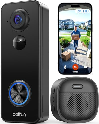 BOIFUN 2K Timbre Inalámbrico con Cámara, 180° de Cobertura, Negro