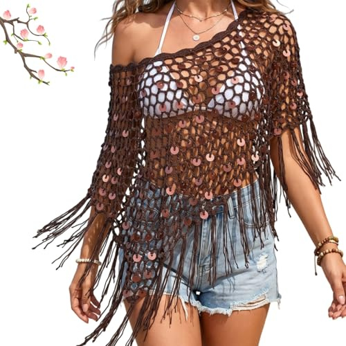 FJZFXKZL Poncho À Franges en Crochet Paillettes pour Femme, Y2k Tricoté Épaules Dénudées, Châle Ajouré Haut Léger pour La Plage Les Vacances