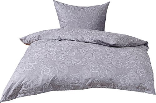 Mako Satin Damast Paisley Bettwäsche Garnitur Davos 135x200 + 80x80 weiß - grau