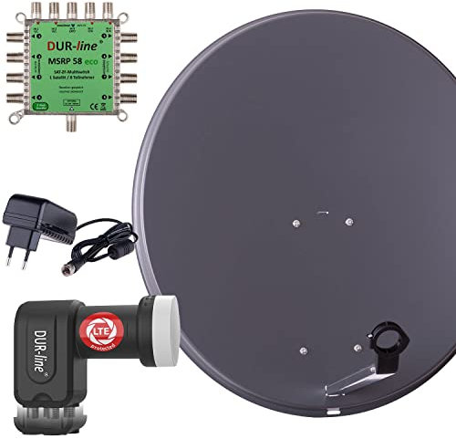 DUR-line MDA 80 Anthrazit - Digitale 8 Teilnehmer Satellitenschüssel Komplett-Anlage mit premium Multischalter und LNB [Camping, Astra 19,2°, DVB-S/S2, Full HD, 4K, 3D]