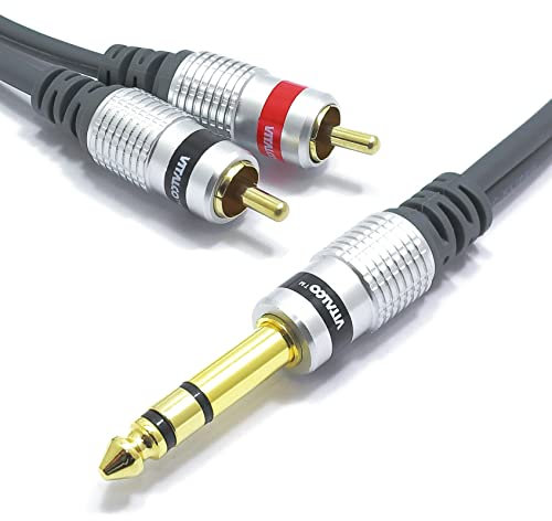 VITALCO Jack 6.35mm Stereo to 2RCA Cable 1.5m Y Splitter Lead 1/4 Inch TRS Stereo to Twin RCA Cinch Mono Male to Male Plug 1/4 Audio Adapter Gold OFC