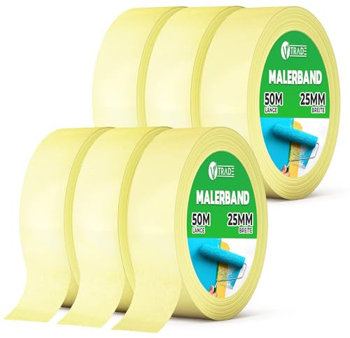 V1 TRADE Kreppband - Universal Malerkrepp Hilfreich beim Malen - Leicht Abnehmbar Abklebeband - Malerband Wasserdicht - Klebeband Gelb (6 stück, 25mm x 50m)