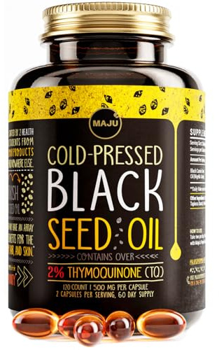 Maju Superfoods Black Seed Oil Capsules, Strong Cold Pressed, 2% Thymoquinone, 100% Turkish Black Cumin Nigella Sativa Seed Oil, Organic BSO, Liquid Blackseed, 120 Count, 500mg per Capsule