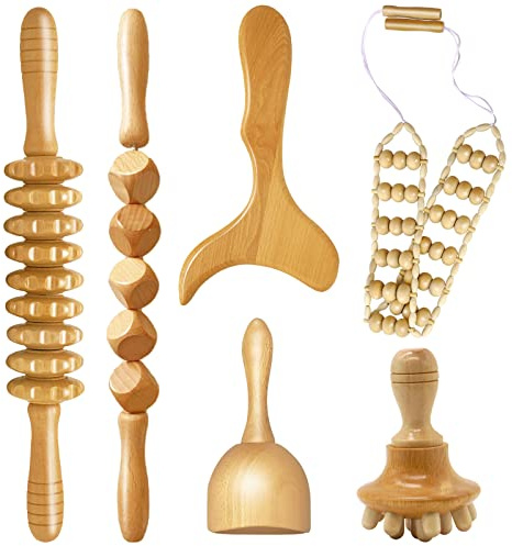 6 en 1 Maderotherapie Kit Complet, Masseur Bois de Anti Cellulite, Rouleau de Massage Gua Sha Cup, Appareil Corps de Drainage Lymphatique, Soulager Muscle le Stress et Relaxation