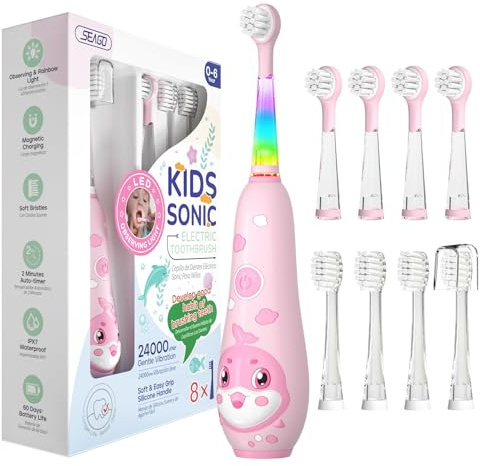 SEAGO Kids Electric Toothbrushes Rechargeable, Toddler Electric Toothbrush with Magnetic Charging, LED Observing Light, 8 Toothbrush Heads for Ages 2-4-6 Boys Girls (Pink)