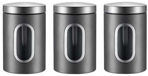 Simcat Tea Coffee Sugar Jar 1500ml Kitchen Canister Set of 3 with viewing window, 3Pcs Stainless Steel Storage Jars, Airtight Dried Food Storage Container (Silver)