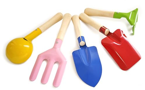 KY-Tech Kids Gardening Tool Set 5 Piece Childrens Gardening Set 8 Kids Garden Tools Made of Metal with Sturdy Wooden Handle Gardening Spoon, Fork, Trowel, Rake & Shovel for Kids