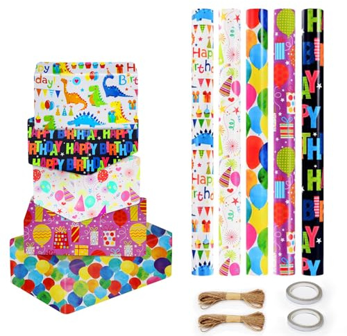 YSWOVUO 5 Rouleaux de Papier Cadeau Anniversaire, 300cm x 43cm, avec 2 Corde de Chanvre et 2 Rubans Adhésifs, pour Enfants et Fêtes