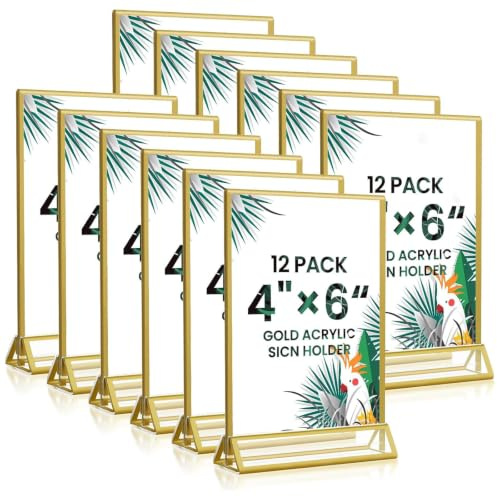 12 Pack Clear Acrylic Sign Holder, 4x6in Double Sided Table Number Stand | High Transparency Photo Frame Stand with Vertical Gold Stand, Menu Display Holder for Restaurant Photos Wedding Party Deocr