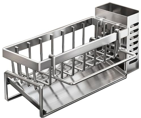 Organisateur Evier Cuisine, Égouttoir d'évier de cuisine avec Plateau de Drainage, Range Eponge Evier Cuisine INOX, étagère à épices pour Vaisselle Brosse Savon Silver belt rod + chopstick holder