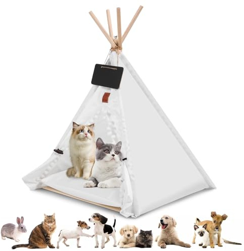 Tente pour Animaux de Compagnie, Tente de Tipi de Jeu pour Animaux avec Coussin Intérieur Amovible, Maison Chien Interieur pour Chien/Chat (Blanc, S)