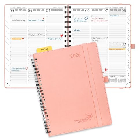 POPRUN Agenda 2026 Semainier 22 x 16,5 cm - Couverture Souple en PU Cuir Spirale, Vertical Planner, D'Jan 2026 à Déc 2026-12 Mois, Avec règle signet, Papier 100 g/m², Rose