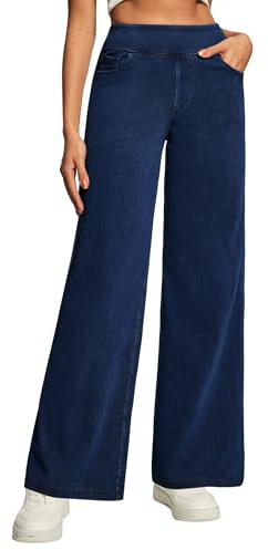 Heathyoga Wide Leg Jeans Woman High Waist Pull On Baggy Jeans for Women Stretchy Jean Pants Straight Leg Denim Pants Dark Blue