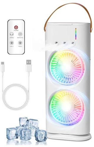 Climatiseur Portable, Climatiseur Mobile avec Télécommande, USB Ventilateur, Refroidisseur d'air, Humidificateur, 3 Vitesses, 3 Modes de Brume, Mini Climatiseur 7 Couleurs Lumière Colorée