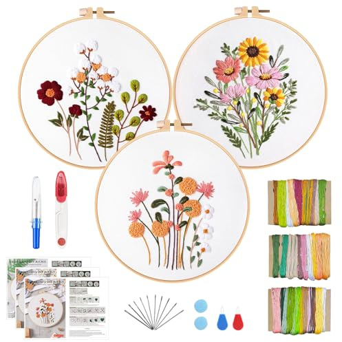 GOTDYBST Kit de broderie pour débutant à motif floral Plantes : kit de broderie pour adultes - Avec 1 cadre à broder en bambou, instructions et outils - Kit de broderie pour bricolage et artisanat