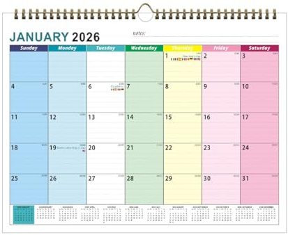 ZORVYN Calendrier mural et de bureau de 18 mois, Agenda pour l'année scolaire, avec vue d'ensemble des vacances et autocollants, De janvier 2026 à juillet 2027 (Colorés)