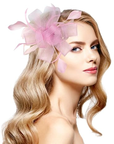 GAZIL Fascinator per Donne, Fiore in Rete e Piuma con Clip e Fascia per Capelli, Fascinator per Matrimoni, Feste Cocktail, Accessori Eleganti per Donne (Rosa)