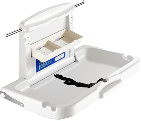 SEEVI Horizontal Kids Baby Changing Table, Wall-Mounted Foldable Baby Changing Station with Safety Strap, Baby Changing Unit for Commercial Bathroom CPC Compliant White