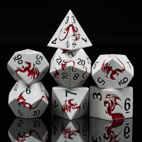 Set di dadi in metallo, motivo: drago, 7 dadi poliedrici D4 D6 D8 D10 D12 D20 D00 per TTRPG (bianco madreperla, drago rosso)