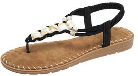 Nuoke sandalias mujer,sandalias mujer planas, planas con tiras en T y cuentas para, con piedras preciosas de colores y elástico Blancas (Black, 39)