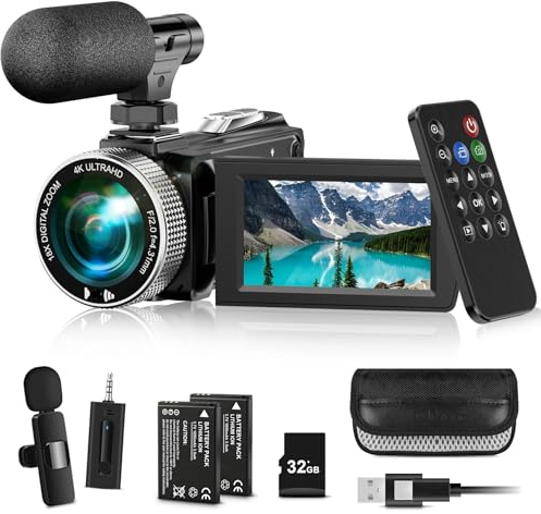 YOTOMIGUO Videocámara de vídeo 4K, 18X Zoom Vlog, pantalla HD giratoria 270° con tarjeta de 32 GB, micrófono Lavalier inalámbrico, mando a distancia, 2 pilas