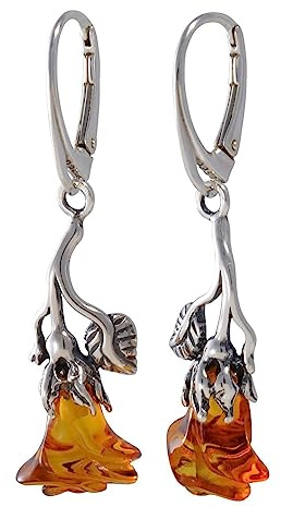 GIA Certified Baltic Honey Dangling Amber Dangling Earrings Roses, 925 Sterling Silver Dangle Earrings - Sterling Silver Jewelry Collection