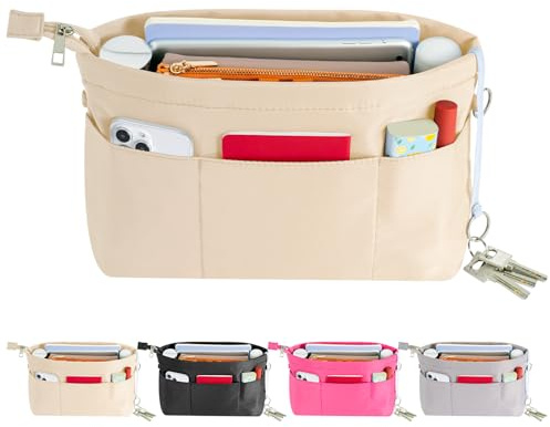 HyFanStr Organisateur de Sac à Main en Nylon pour Femmes, Bag In Bag Pochette Sac de Rangement Intérieur avec à Fermeture éclaire Petit Beige