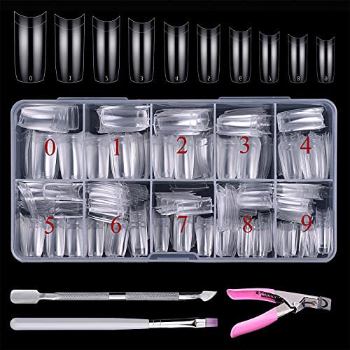 Beainfir 500 Pieces Clear False Nail Tips French Artificial Fake Art Nails Tips 10 Sizes DIY Acrylic Fake Nail with Box, Nail Brush, Cuticle Pushes and Nail File