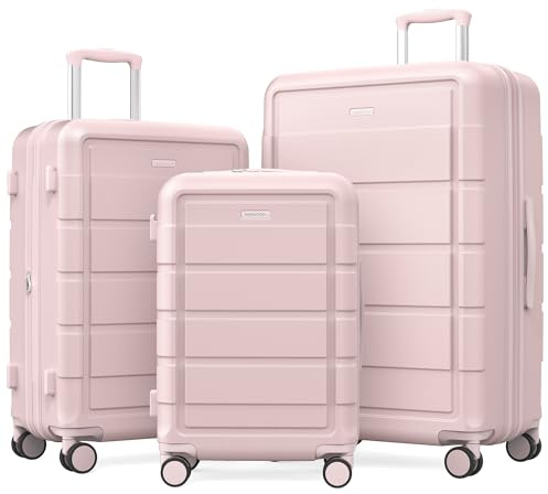 SHOWKOO Luggage Set 3 Piece 100% PC Hardshell Expandable Suitcase, Pink | Lightweight Travel Luggage High Capacity with Double Spinner Wheels and TSA Lock