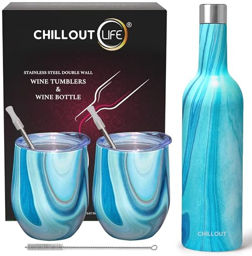 CHILLOUT LIFE Stainless Steel Wine Tumblers 2 Pack 12 oz & 1 Insulated Wine Bottle - Double Wall Vacuum Insulated Wine Cups with Lids and Straws Set - Ocean Marble