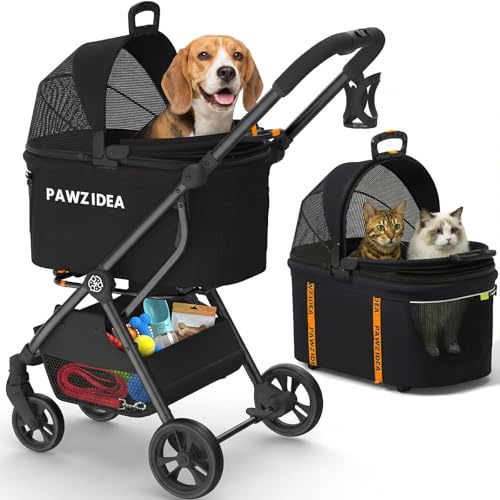 PAWZIDEA Passeggino per animali domestici 4 in 1, passeggino per gatti con tettuccio rimovibile senza cerniera, trasportabile per seggiolino auto, da viaggio, pieghevole e leggero, per cani e gatti di