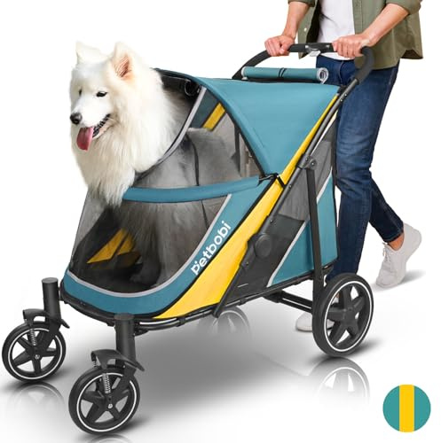 Petbobi Dog Stroller for Large & Medium Dogs - Easy Fold Dual Entry Pet Stroller with One-Foot Brake, All Terrain Wagon Cart with Air Mesh, Ideal for Large Senior Pets up to 80 lbs, Green