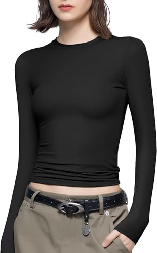 PUMIEY Long Sleeve Shirts for Women Slim Fit Tops Fall Fashion Basic Tee, Jet Black Meduim