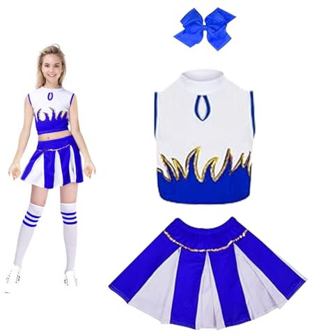 DOWNDRIFT Cheerleader Kostüm Mädchen Cheerleader Kostüm Kinder Blau Kostüm Cheerleader Mädchen Cheerleader Kostüme für Kinder mit Haarzubehör Kinder Cheerleading Outfit Karneval 140Blau
