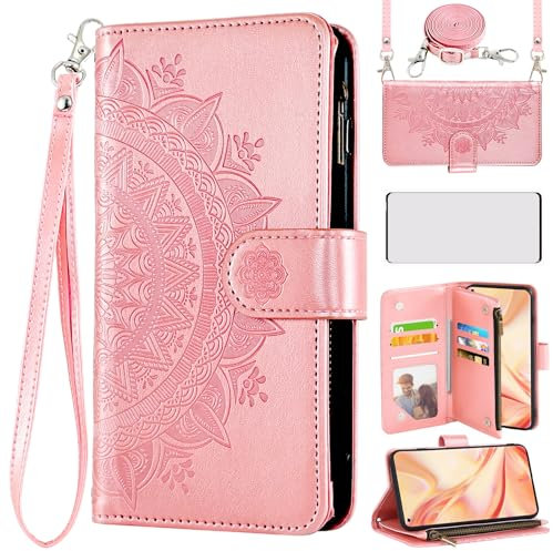 Asuwish Handyhülle für Oppo Find X2 Pro Hülle mit Band und Folie Schutzfolie Kartenfach Klappbar Leder Blumen Geldbörse Ständer X2Pro Reißverschluss Handyhüllen Schutzhülle Phone Case Rosegold